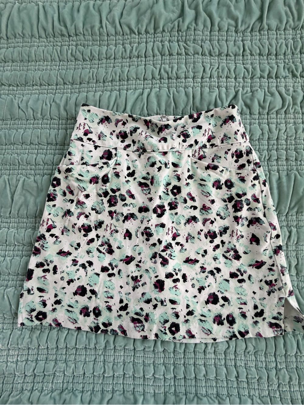 Lady Hagen White Mini Skirt with Mint and Black Floral Spots-XS